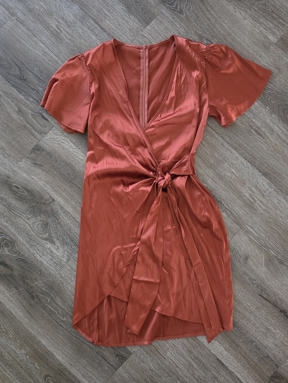 Satin Wrap Mini Dress in Burnt Orange
